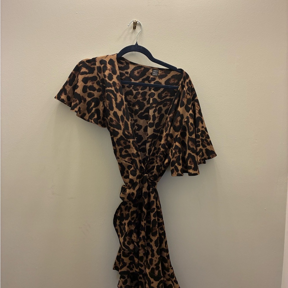 SHEIN One-Shoulder Leopard Wrap Dress - Brown & Black